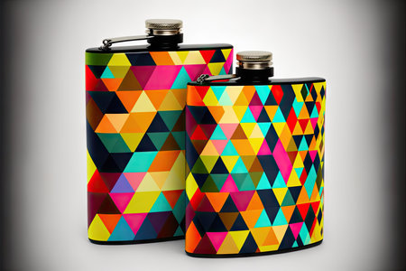 set of two plastic drinking flasks in multi-colored patterns