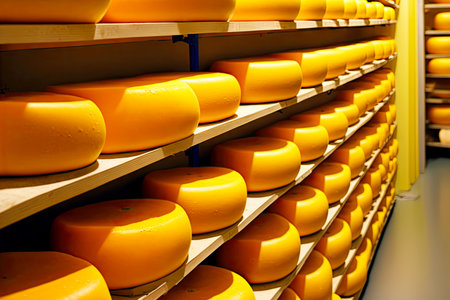 long rows of shelves with bright yellow gouda cheese heads lying on themの写真素材