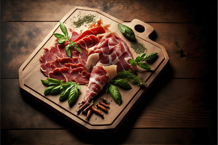 wooden board with thinly sliced delicious jamon and greensの写真素材