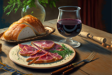 traditional Spanish jamon as appetizer with red wineの写真素材