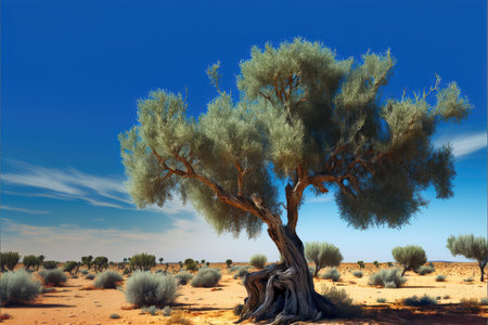 sprawling fluffy olive tree among sandy steppeの写真素材