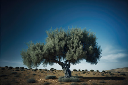 green sprawling olive tree in steppe against backdrop of bright blue skyの写真素材