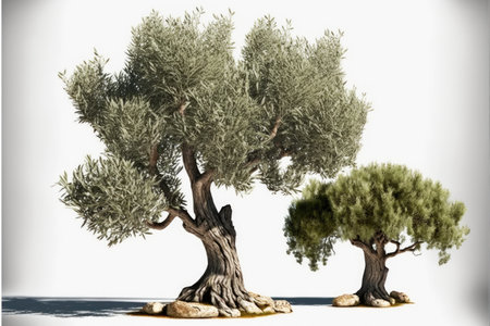 olive tree with lush crown isolated on white backgroundの写真素材