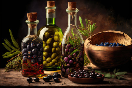 bottles with healthy oil from olive tree fruits stand on wooden tableの写真素材