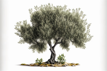olive tree with grey twisted trunk isolated on white backgroundの写真素材