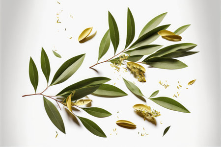 olive tree twig with green leaves flying to sidesの写真素材