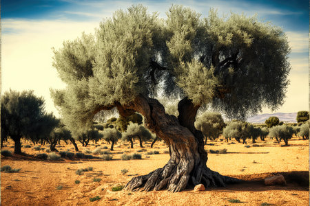 growing in wide steppe gnarled olive treeの写真素材