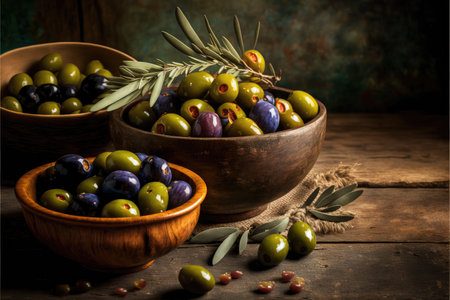 wooden bowls full of olives harvested from olive treeの写真素材