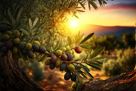 beautiful morning landscape with thin olive tree branchの写真素材