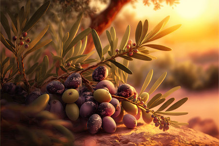 a large cluster of olives hangs on thin branch olive treeの写真素材