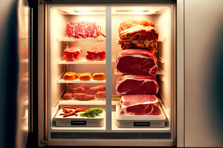 refrigerator chamber with shelves and pieces of pink meat lying on themの写真素材