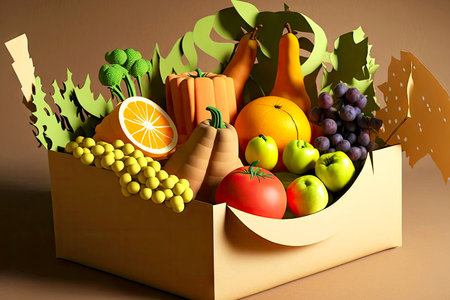healthy fruits in cardboard shopping bag with vegetablesの写真素材
