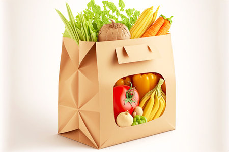 shopping bag with vegetables in form of red and yellow peppers and greensの写真素材