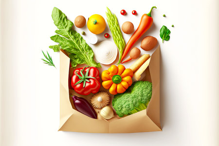 open shopping bag with vegetables and fruit on white backgroundの写真素材