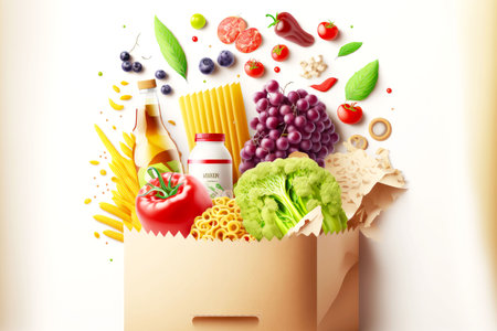 paper beige shopping bag with vegetables and fruit on white backgroundの写真素材