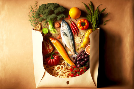 Great shopping bag with vegetables and products for delicious and organic nutritionの写真素材