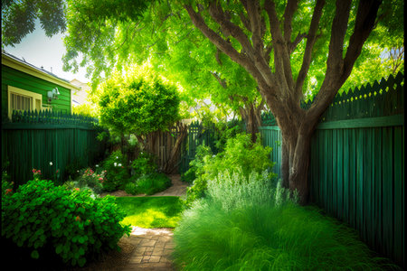 a lush, tree-lined backyard enclosed by fencing