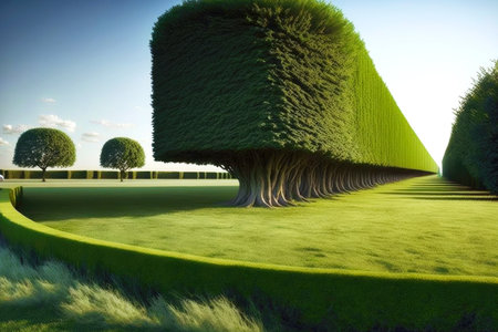 in the front are a long tree hedge and a green lawnの写真素材