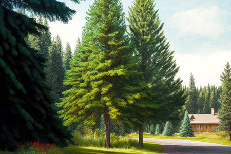 on the side of the road, there is a lush lawn with large fir treesの写真素材