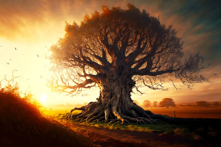 a large, aged tree stands in the background as the sun rises, its leaves covering the groundの写真素材