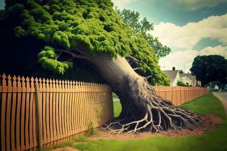 a large tree that fell destroyed a fenceの写真素材