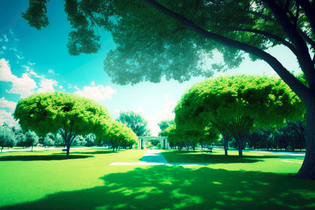 park has a green lawn and a blue skyの写真素材