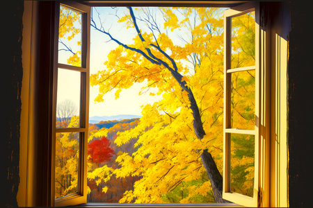 virginia yellow autumn view of the vibrant oak leaf foliage in northern va from the window