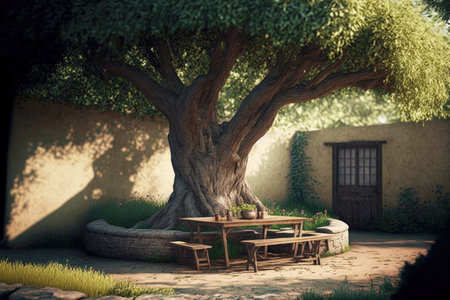 the backyard has a table and seats under a large treeの写真素材