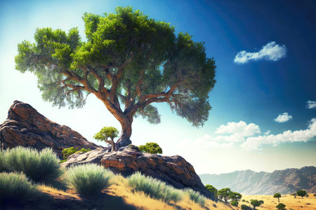 large tree on a mountain with a clear skyの写真素材