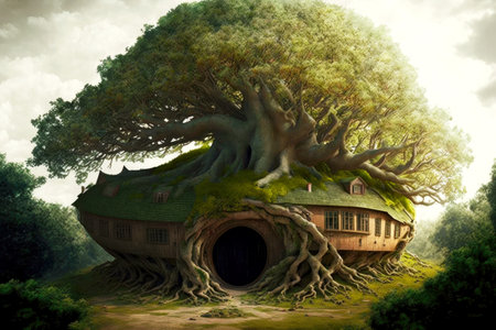 in order to keep the dwelling cool, a large green tree should cover the roofの写真素材