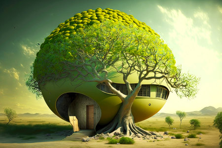 in order to keep the dwelling cool, a large green tree should cover the roofの写真素材