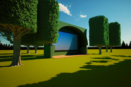 3d depiction of a green lawn, trees, and a movie theater under a clear skyの写真素材