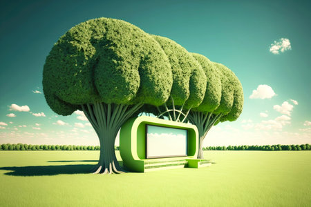 green lawn with trees and a cinema under an open sky 3d illustrationの写真素材