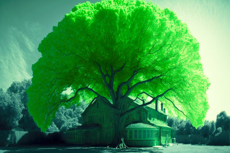 big green tree protection over house roof from uv sun for cooling chill home goodの写真素材