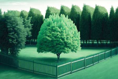 green large fenced backyard with treesの写真素材