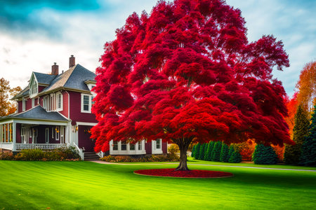 red maple tree changing colors on a huge property with fresh cut lawn and borderingの写真素材