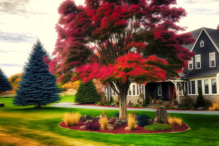 red maple tree changing colors on a huge property with fresh cut lawn and borderingの写真素材