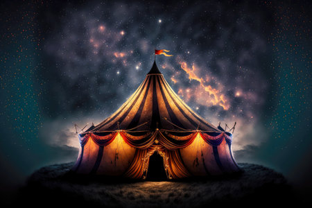 an illuminated big top at night with the nigh sky at background