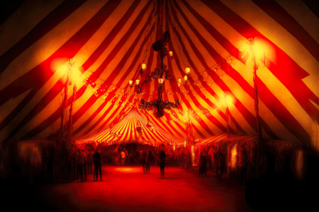 red circus tent interior with hanging lightsの写真素材