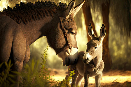 tender moments of mother donkey peting her colt in forestの写真素材