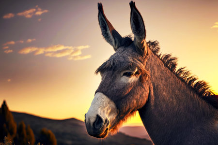 picture of a funny donkey at sunset in transylvaniaの写真素材