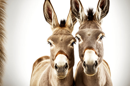 two donkey portrait isolated on white backgroundの写真素材
