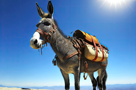 donkey with a saddle on its back on ayt blue sky under a bright sunの写真素材