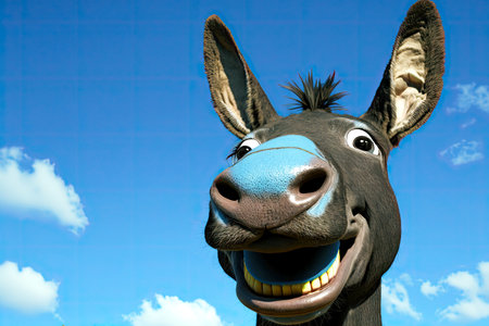 funny black donkey smiling on blue skyの写真素材