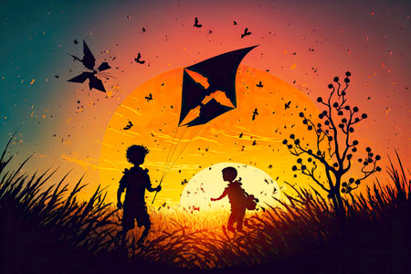 children playing kite on summer sunset meadow silhouettedの写真素材