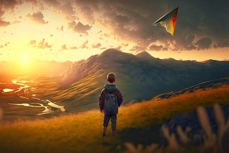 boy starts to fly a kite over the mountain hills at sunset timeの写真素材