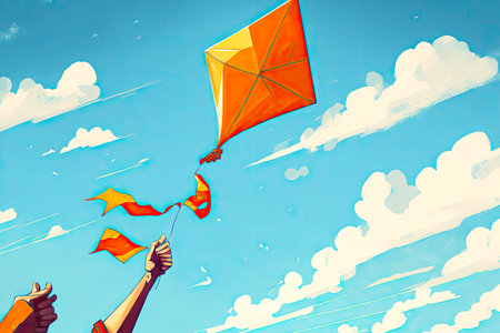 orange kite in hand in sunny blue sky with cloudsの写真素材