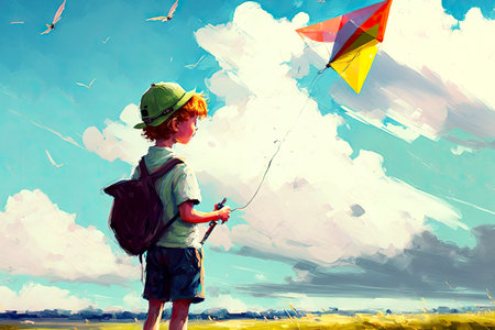 kid with kite in summer dayの写真素材