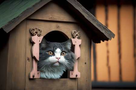 the cat of the meikun breed peeking out from his beaful animal houseの写真素材