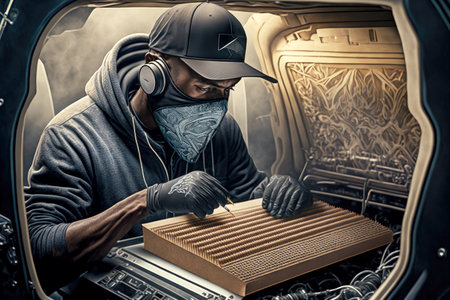 a worker adheres soundproofing material inside the hood of the automobile